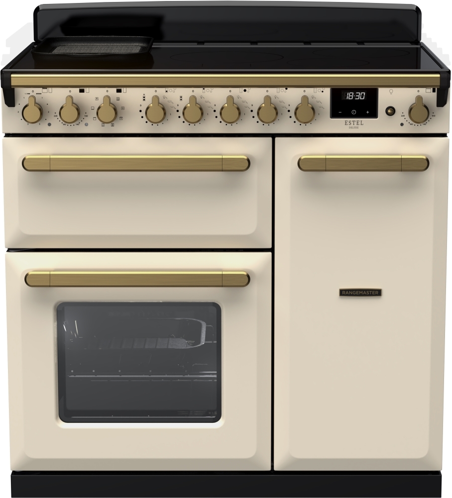 Rangemaster ESDL90EIPPCR/AB1 Estel Deluxe Pale Cream / Antique Brass 90cm Induction Range Cooker