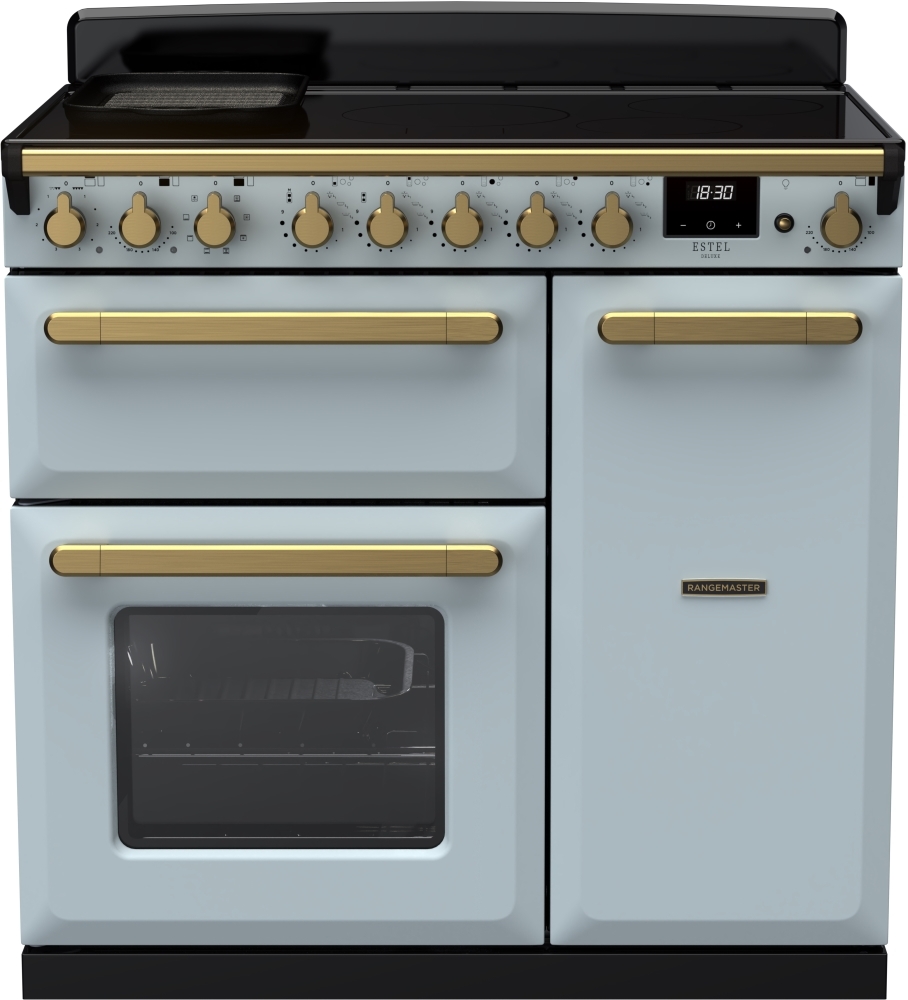 Rangemaster Estel Deluxe 90cm Misty Blue Induction Range Cooker ESDL90EIPMSB/AB1 ESDL90EIPMSB/AB1 Estel Deluxe Misty Blue / Antique Brass