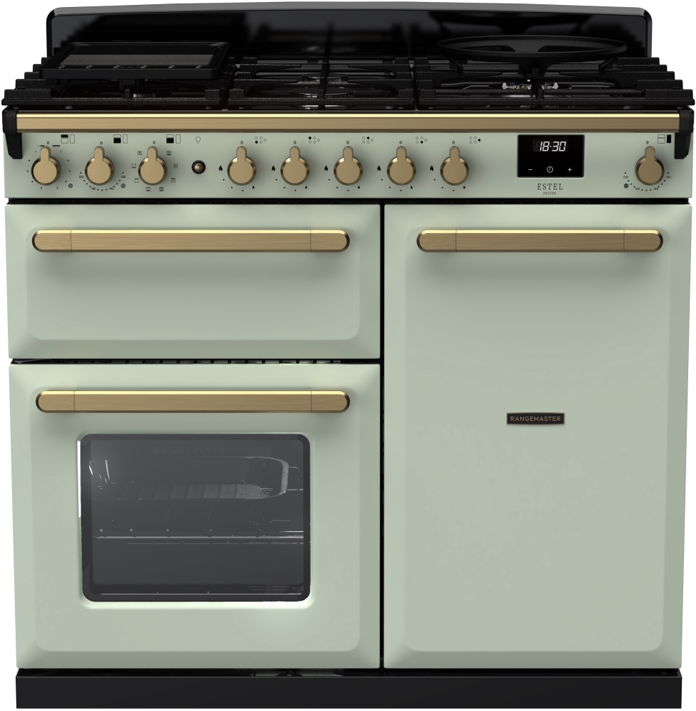 Rangemaster - Estel Deluxe 100cm Dual Fuel Range Cooker - Mint / Antique Brass - 100cm ESDL100DFPMNT/AB1 Estel Deluxe Mint / Antique Brass