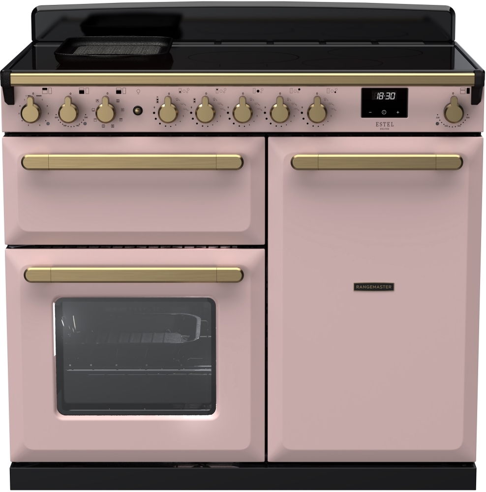 Rangemaster Estel Deluxe 100cm Induction Range Cooker - Pink - Antique Brass ESDL100EIPPPK/AB1 Estel Deluxe Pale Pink / Antique Brass