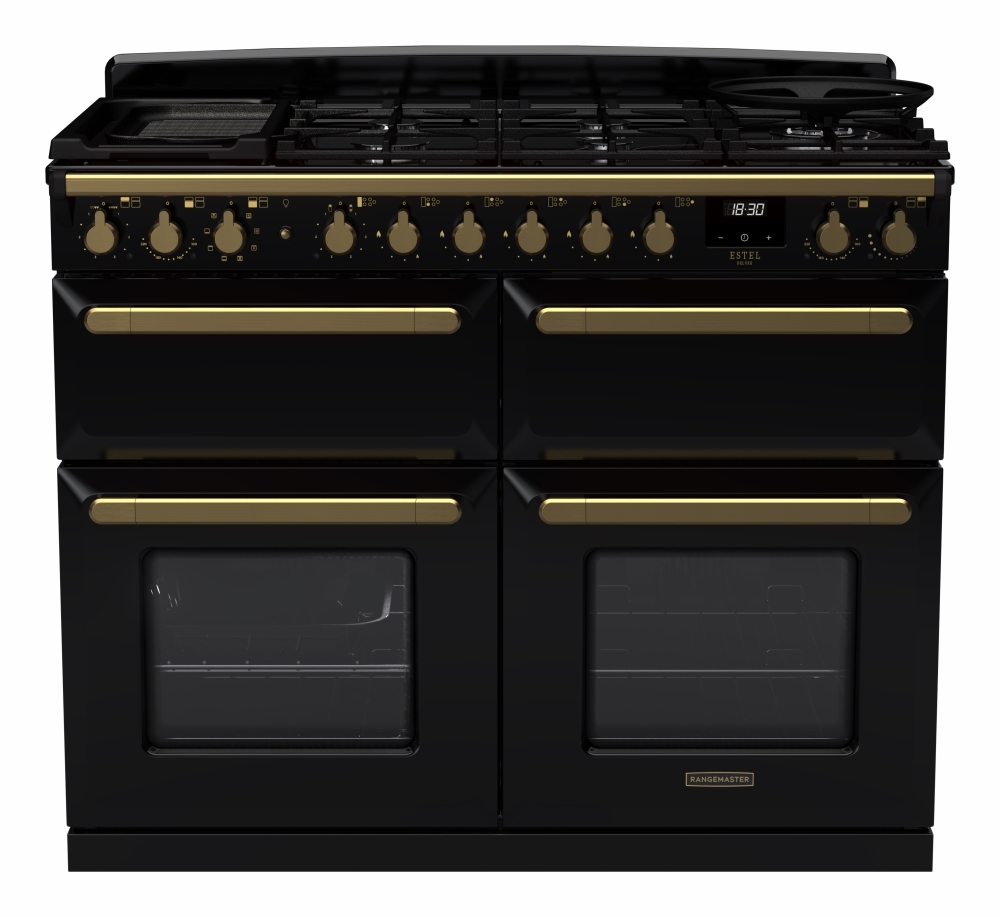 Rangemaster Estel Deluxe 110cm Dual Fuel Range Cooker - Black/Antique Brass ESDLB110DFPGBL/AB1 Estel Deluxe Black / Antique Brass