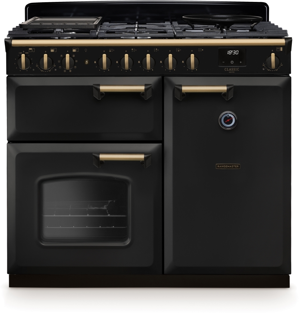 Rangemaster CLDL100DFPCBL/AB1 Classic Deluxe Charcoal Black / Antique Brass 100cm Dual Fuel Range Cooker