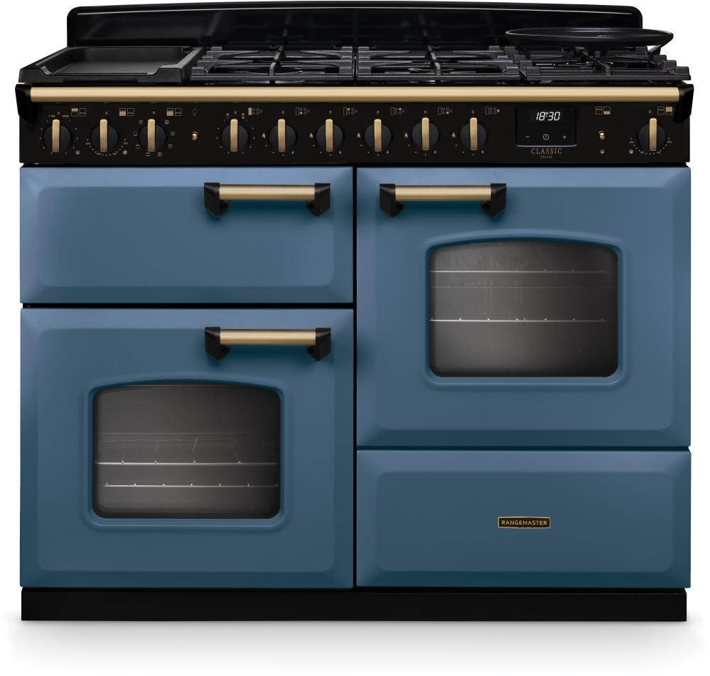 Rangemaster Classic Deluxe 110cm Dual Fuel Range Cooker - Stone Blue - 7 Zone Hob - Multifunction Oven CLDLO110DFPSTB/AB1 Classic Deluxe Stone Blue / Antique Brass