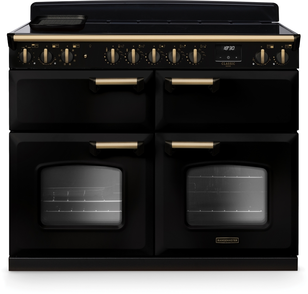 Rangemaster Classic Deluxe 110cm Induction Range Cooker Black/Antique Brass CLDLB110EIPGBL/AB1 Classic Deluxe Gloss Black / Antique Brass