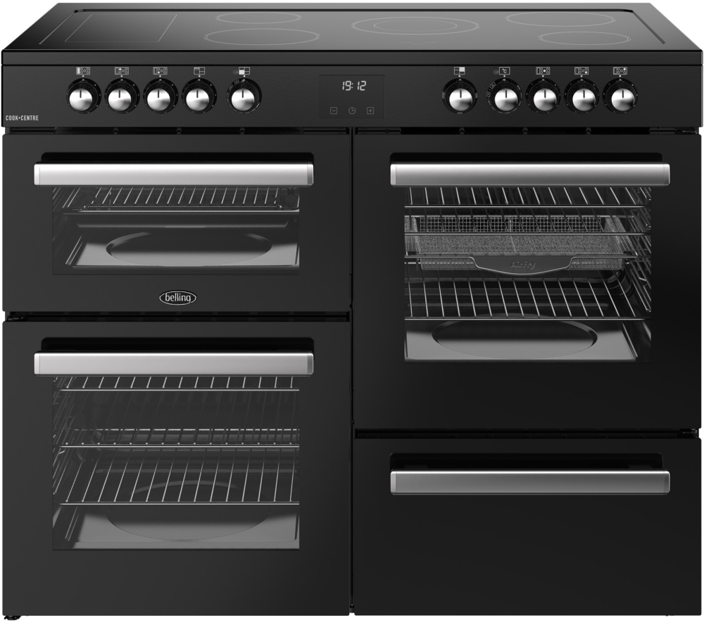 Belling 110cm Ceramic Range Cooker - 5 Zone Hob - 2 Ovens - 199L Capacity - Black RCA COOKCENTRE 110E