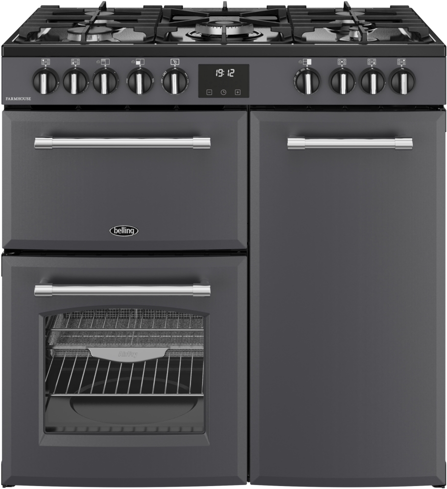 Belling 90cm Dual Fuel Range Cooker Anthracite - 5 Gas Burners - 2 Ovens - Separate Grill - 174L Total Capacity RCA FARMHOUSE 90DF A