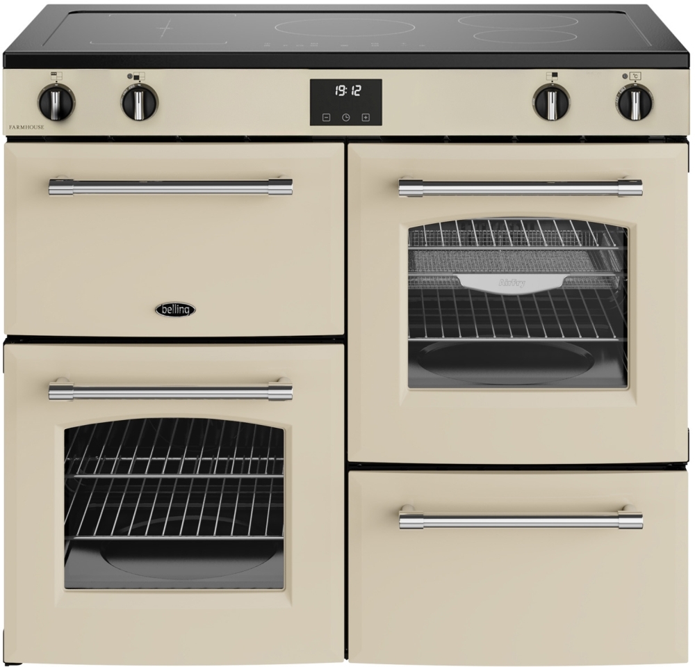 Belling Farmhouse 100Ei 100cm Induction Range Cooker Cream 5 Zone Induction Hob 2 Ovens 199L Capacity