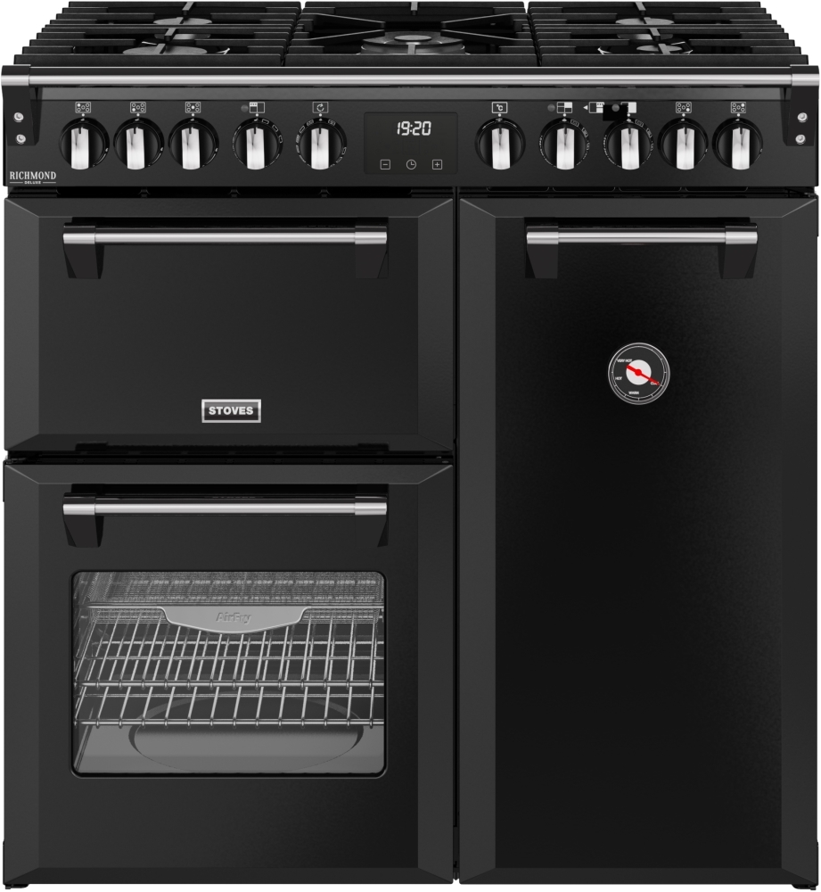 Stoves DX RCA RICH 90DF BLK 90cm Dual Fuel Range Cooker - 5 Gas Burners, 3 Ovens, Black Finish DX RCA RICH 90DF BLK