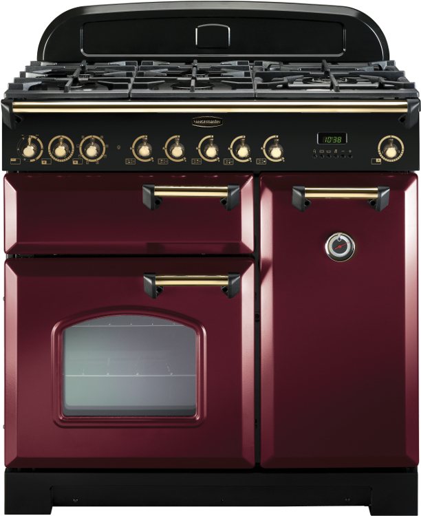 Rangemaster Classic Deluxe CDL90DFFCY/B 90cm Dual Fuel Range Cooker Cranberry / Brass, Red, A Rated