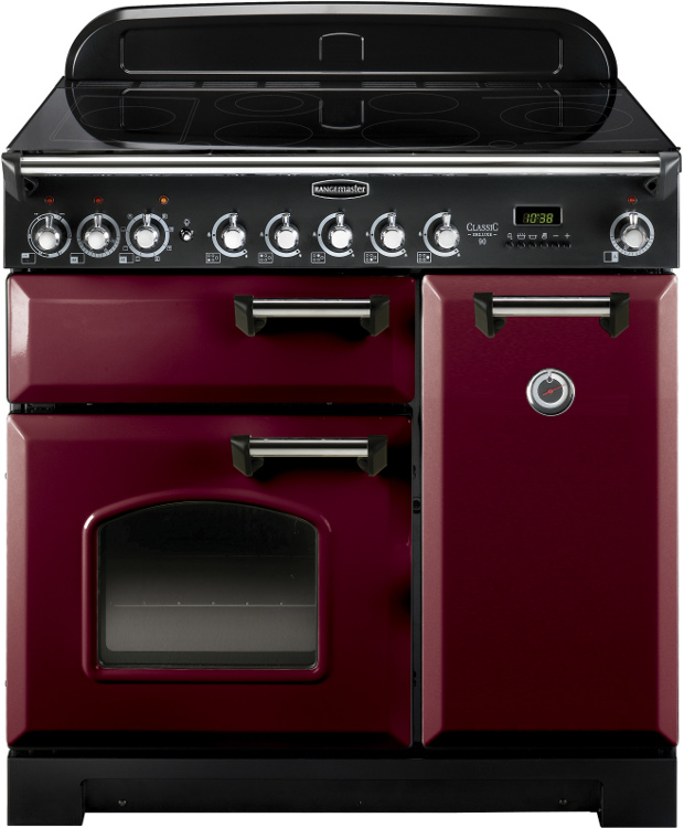 Rangemaster CDL90ECCY/C 90cm Ceramic Range Cooker Classic Deluxe Cranberry / Chrome, Cranberry with Chrome Trim, A Rated