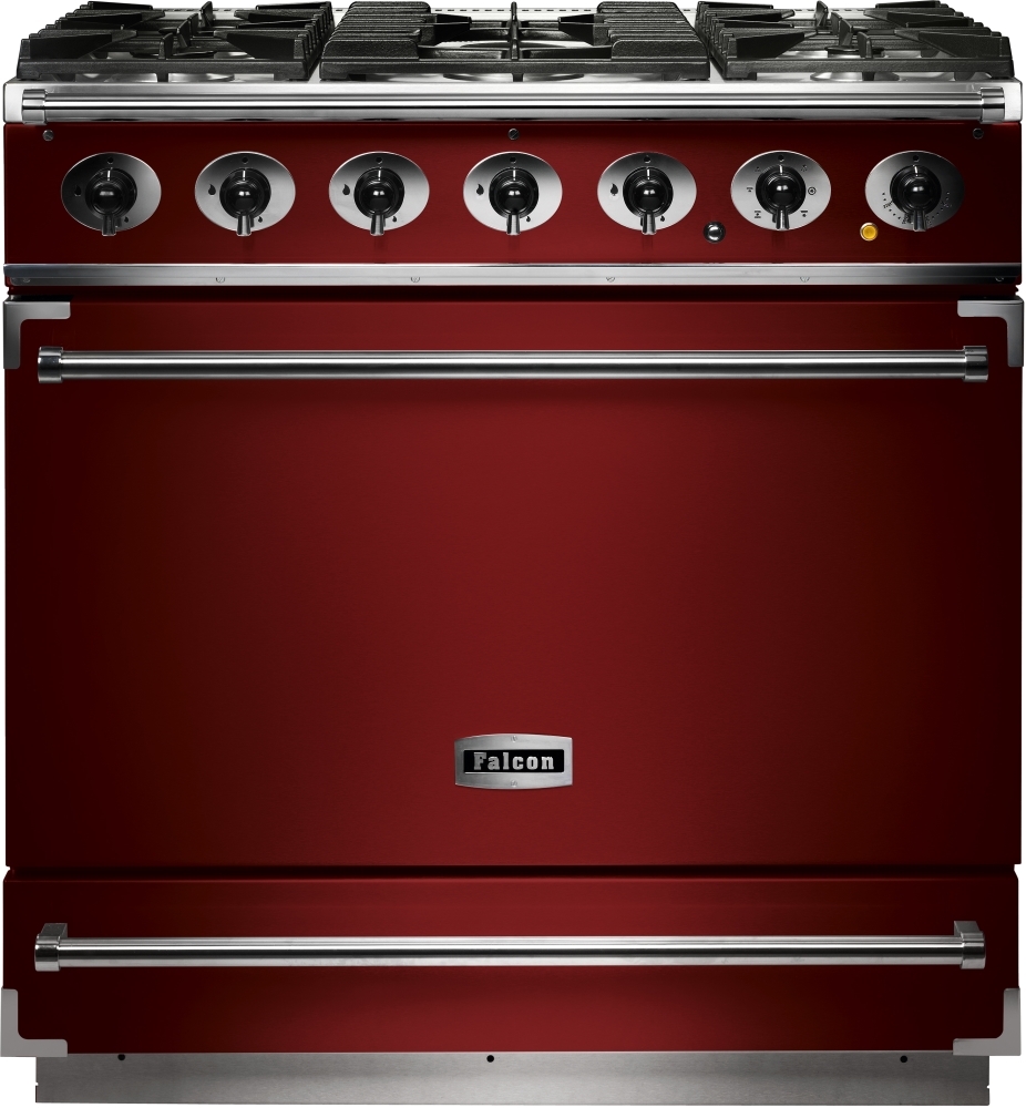 Falcon 900S Cherry Red Brushed Chrome 90cm Dual Fuel Range Cooker, A