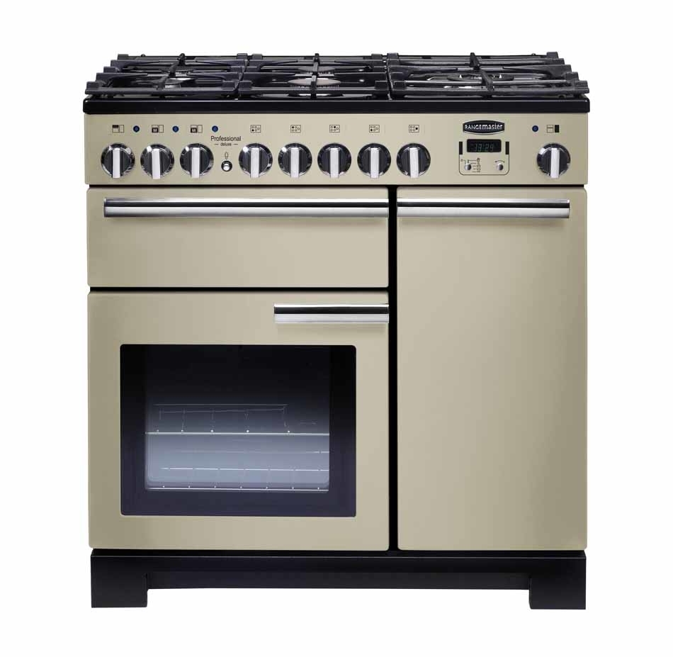 Rangemaster Professional Deluxe PDL90DFFCR/C 90cm Dual Fuel Range Cooker Cream / Chrome, A Rated