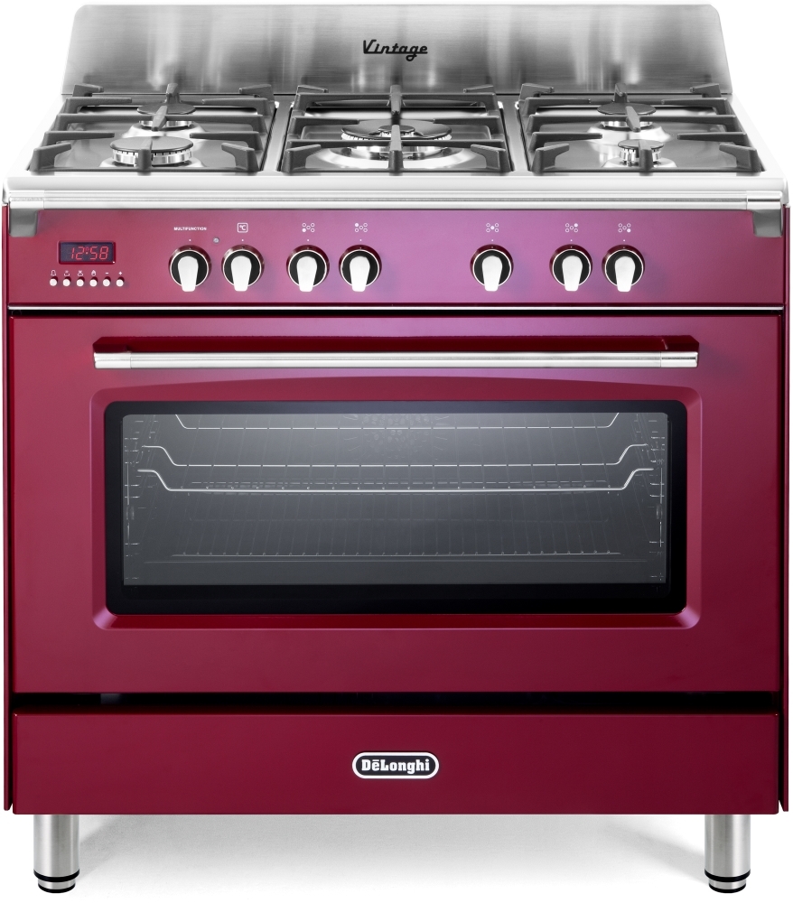 DeLonghi - Vintage - 90cm Dual Fuel Range Cooker - 2 Ovens - 5 Zones - Red DVRS916DFBU Vintage