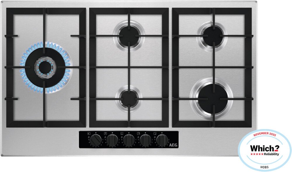 AEG 90cm 6000 5 Burner Gas Hob with Wok Burner - Stainless Steel - Precise Power Levels HGB95522YM 6000