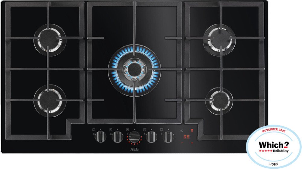 AEG HKB95450NB 8000 FlameLight 5 Burner Gas Hob - Black Glass - 880mm Width - Hob²Hood - LED Display HKB95450NB 8000 FlameLight