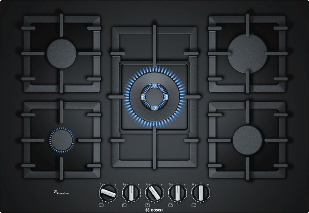 Bosch PPQ7A6B90 Series 6 5 Burner Gas Hob, Black on Glass Marks