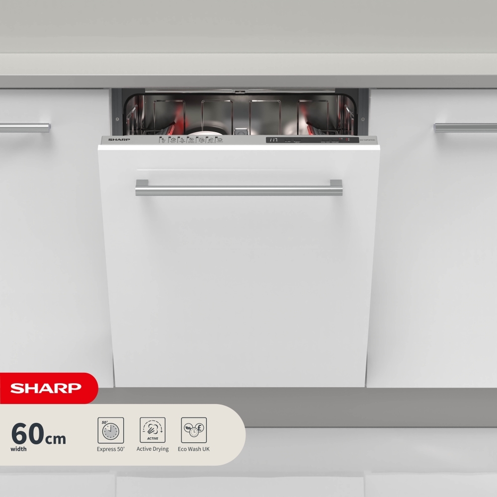 Sharp QWNI1FI47D3XEN Fully Integrated Dishwasher with 13 Place Settings, 820 x 600 x 550 mm