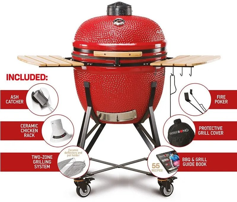 Kamado Bono - Kamado BBQ Grill - Ceramic - 56cm Cooking Area - Red TQ0025RED