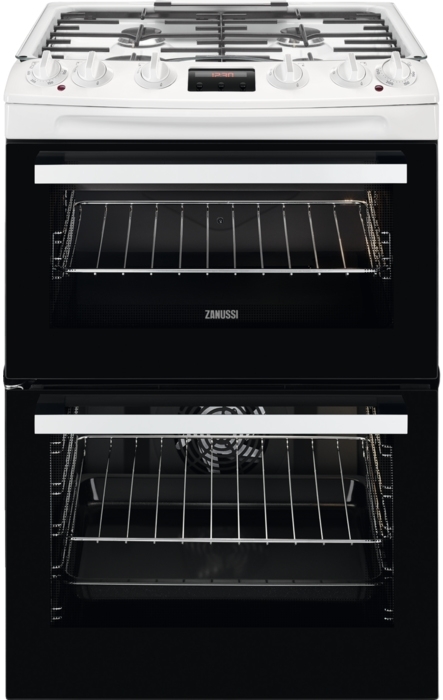 Zanussi ZCK66350WA Dual Fuel Cooker with Double Oven, White Hob, Black Glass Doors, A Rated