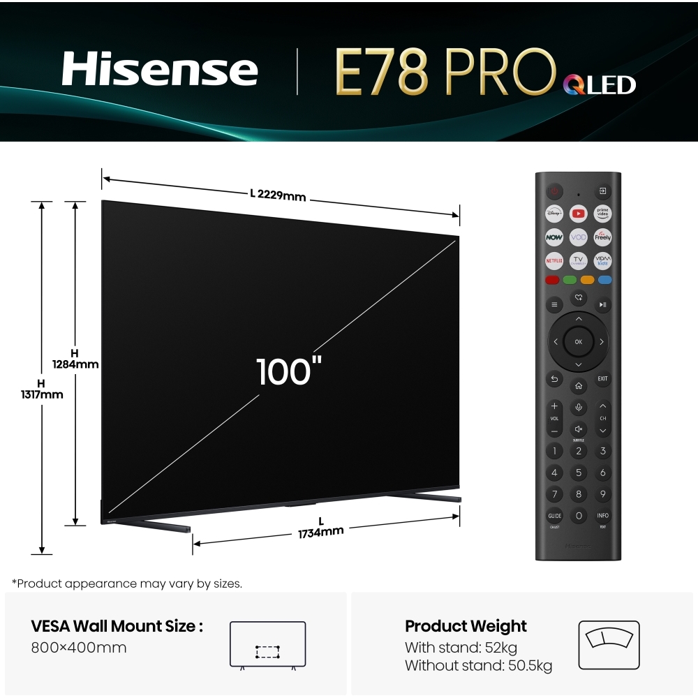 Hisense 100E78QTUK PRO 100" QLED Smart Television, 4K Ultra HD, Black, E Rated