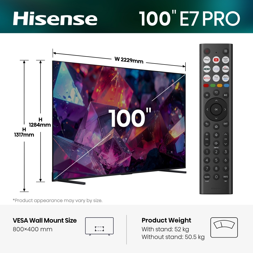 Hisense 100E7STUK PRO 100" QLED Smart Television, 4K Ultra HD, Grey, E Rated