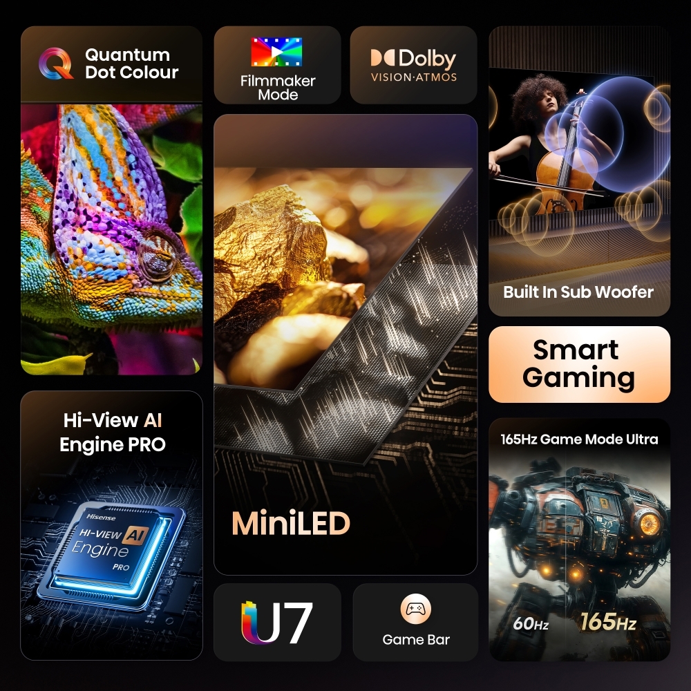 Hisense 100U7QTUK 100" ULED Mini LED Smart Television, 4K Ultra HD, Black, F Rated