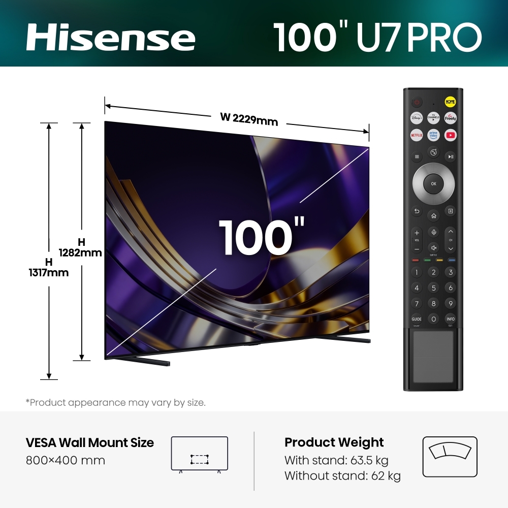 Hisense 100U7STUK PRO 100" ULED Mini LED Smart Television, 4K Ultra HD, Grey, D Rated
