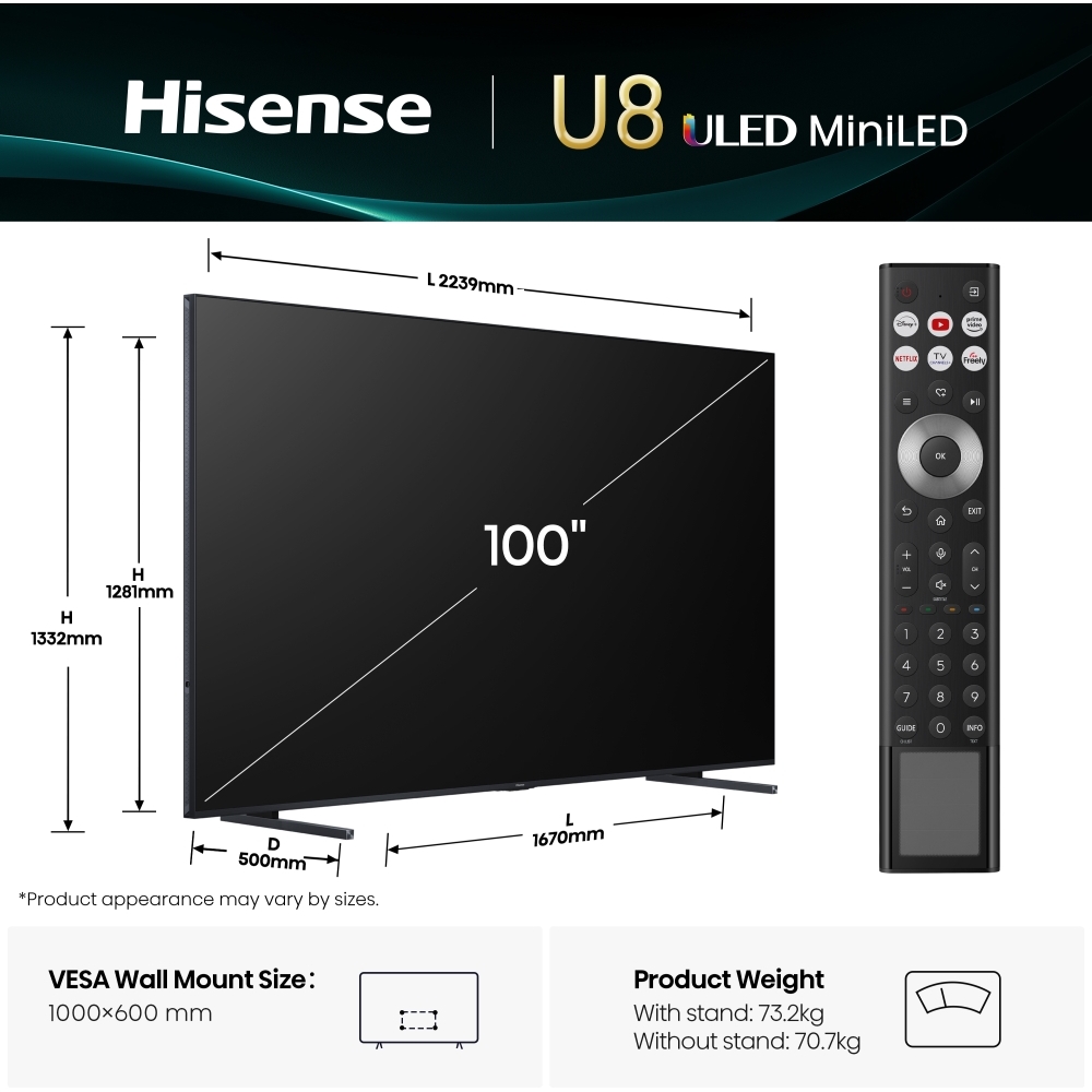 Hisense 100U8QTUK 100" ULED Mini LED Smart Television, 4K Ultra HD, Black, D Rated