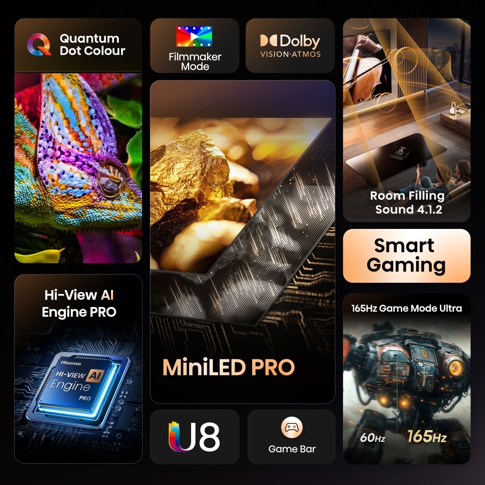 Hisense 100U8QTUK 100" ULED Mini LED Smart Television, 4K Ultra HD, Black, D Rated