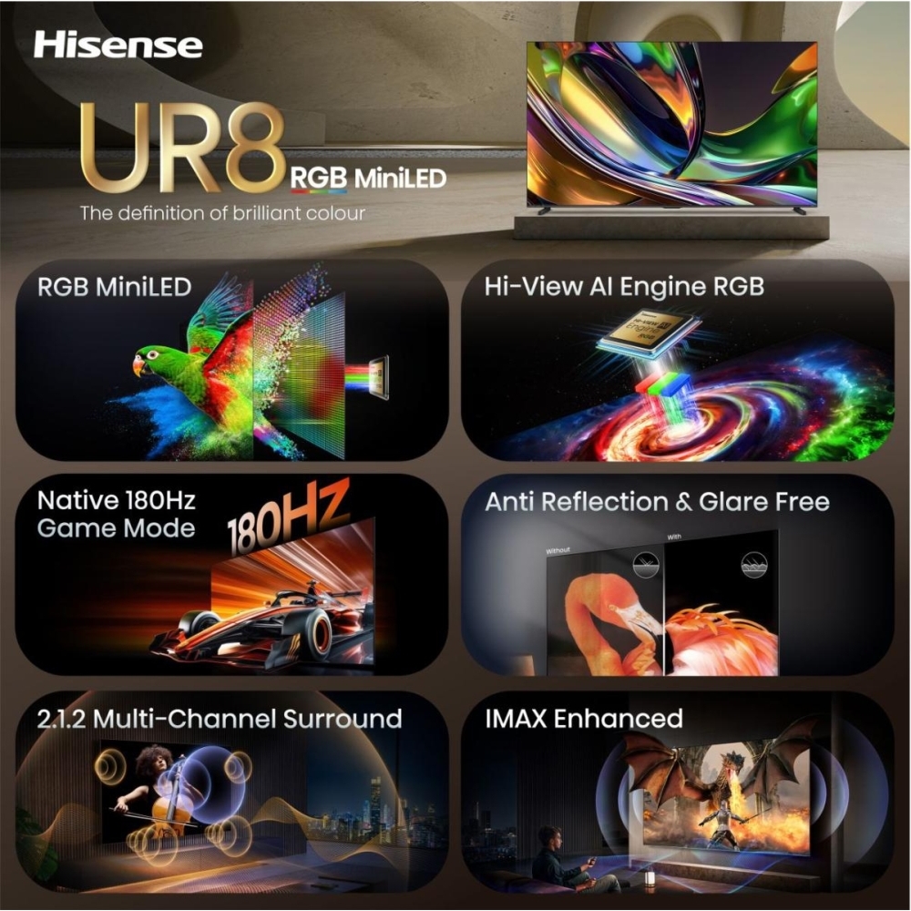 Hisense 100UR8STUK 100" RGB MiniLED Smart Television, 4K Ultra HD, Black, B Rated
