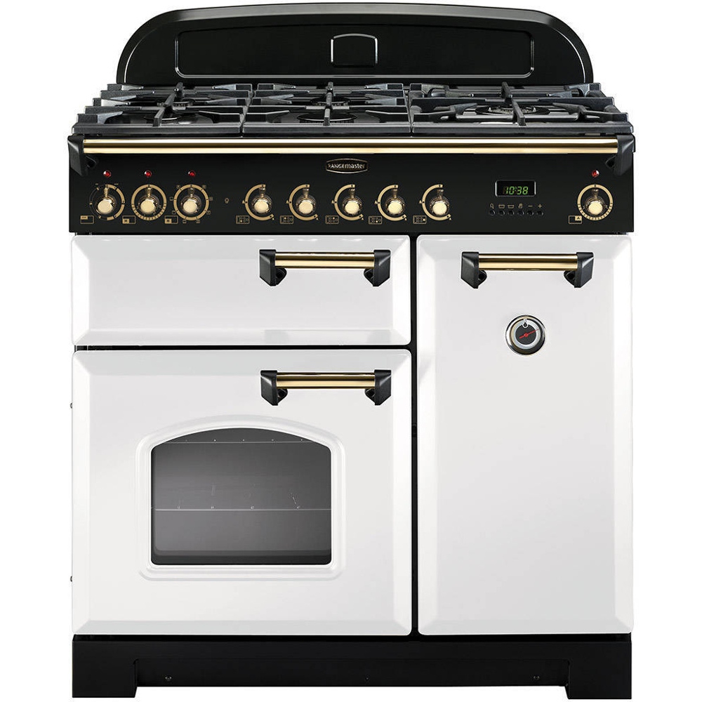 Buy Rangemaster CDL90DFFWH/B Classic Deluxe White with Brass Trim 90cm