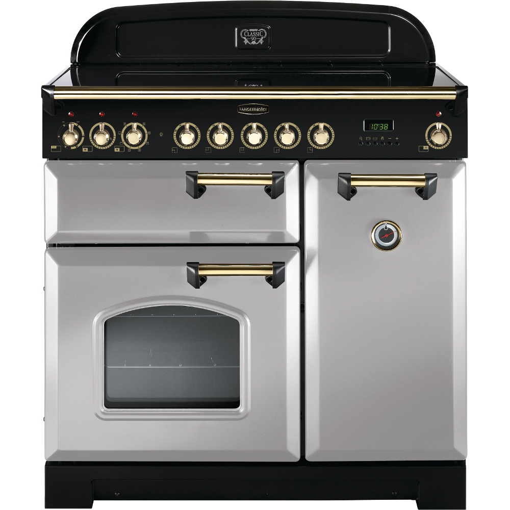 Rangemaster CDL90ECRP/B 90cm Ceramic Range Cooker Classic Deluxe Royal Pearl / Brass, Royal Pearl with Brass Trim, A Rated