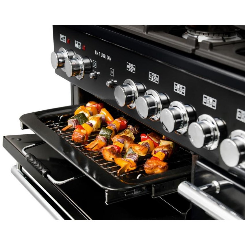 Buy Rangemaster INF90DFFBL Infusion Black 90cm Dual Fuel Range Cooker (116370) Marks Electrical