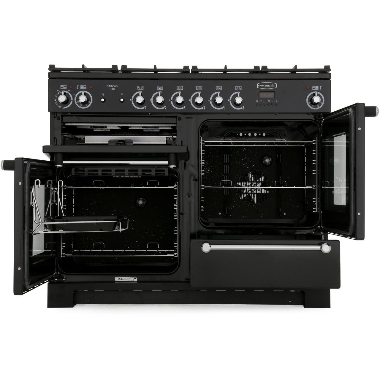 Rangemaster KCH110NGFBL/C 110cm Gas Range Cooker Kitchener Black / Chrome, A+ Rated