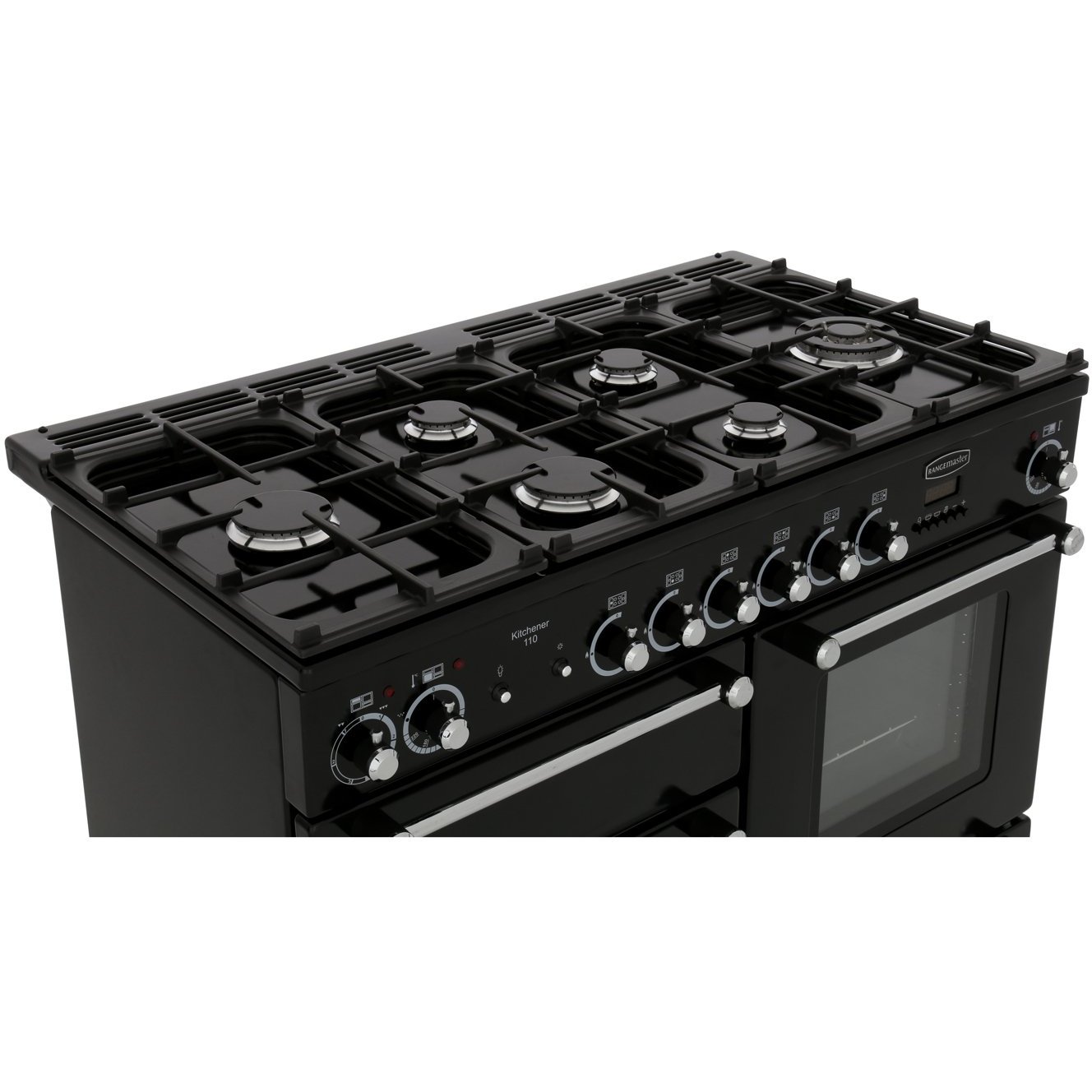 Rangemaster KCH110NGFBL/C 110cm Gas Range Cooker Kitchener Black / Chrome, A+ Rated