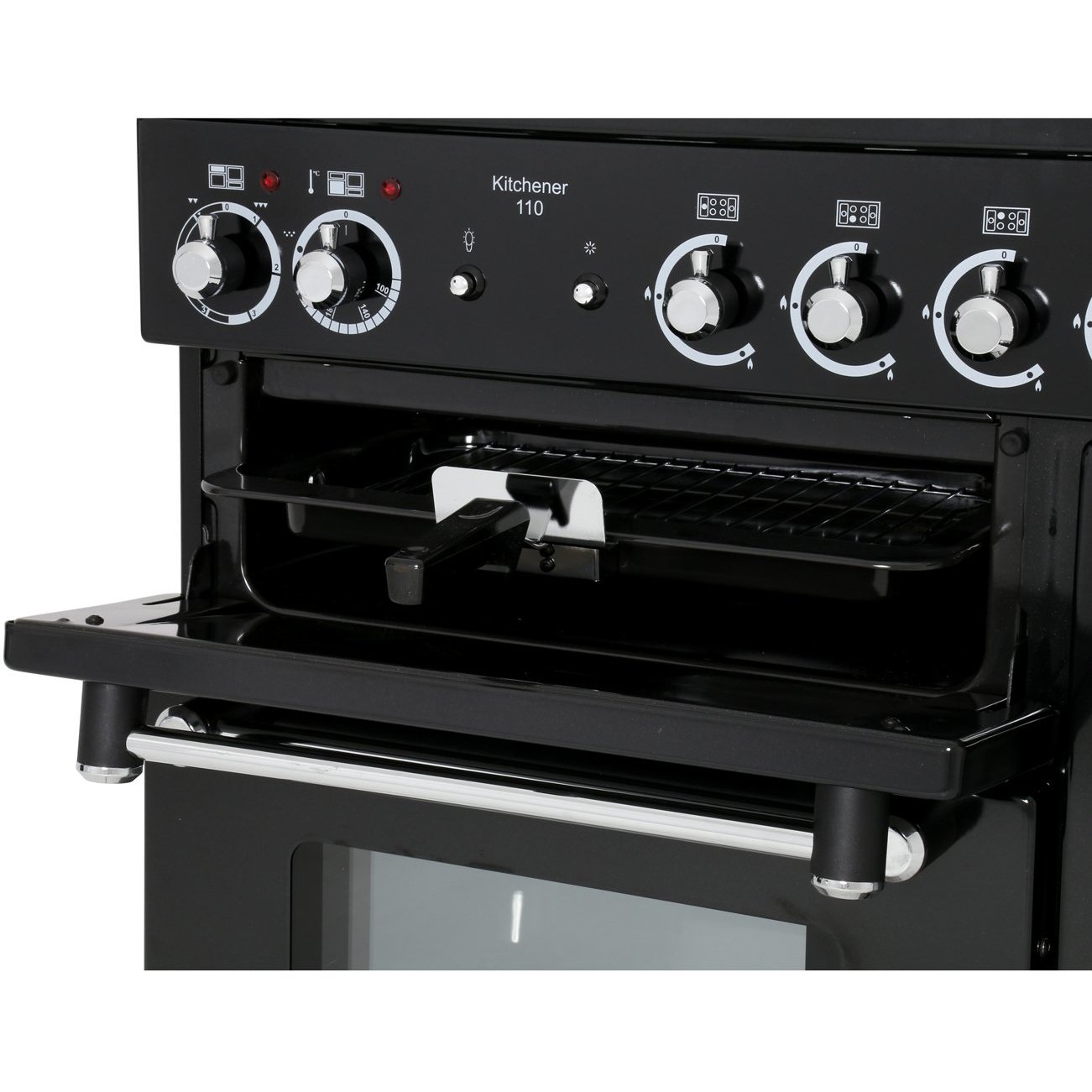 Rangemaster KCH110NGFBL/C 110cm Gas Range Cooker Kitchener Black / Chrome, A+ Rated