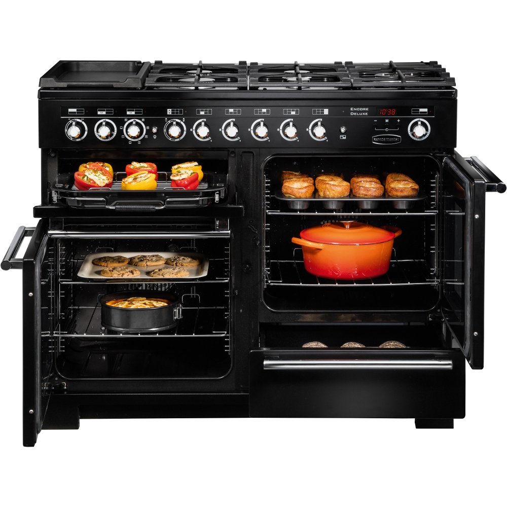 Rangemaster EDL110DFFBL/C 110cm Dual Fuel Range Cooker Encore Deluxe Black / Chrome, A Rated