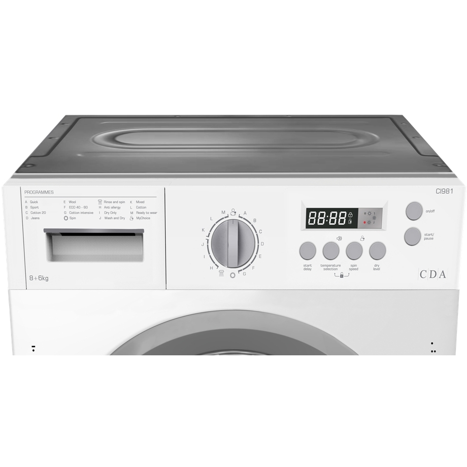 CDA CI981 Integrated Washer Dryer, 8kg/6kg, 1400 Spin, White, B Rated