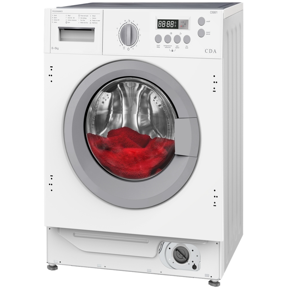 CDA CI981 Integrated Washer Dryer, 8kg/6kg, 1400 Spin, White, B Rated