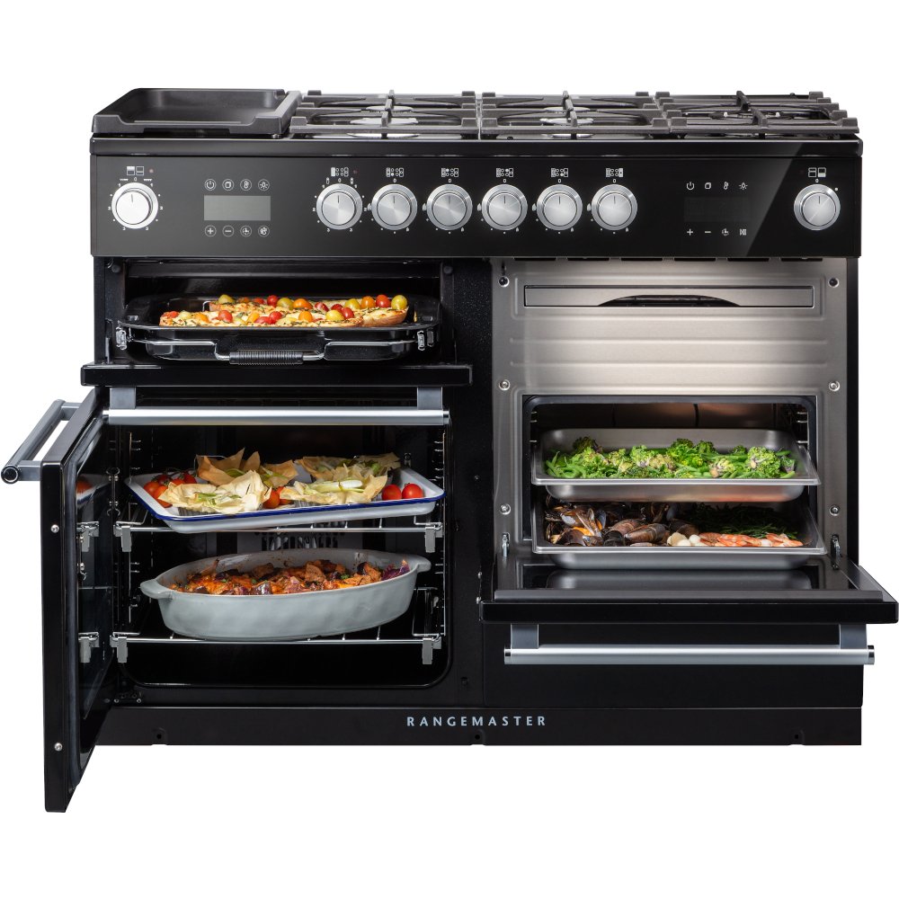 Rangemaster NEX110SODFFCB/C 110cm Dual Fuel Range Cooker Nexus Steam Charcoal Black / Chrome, A Rated