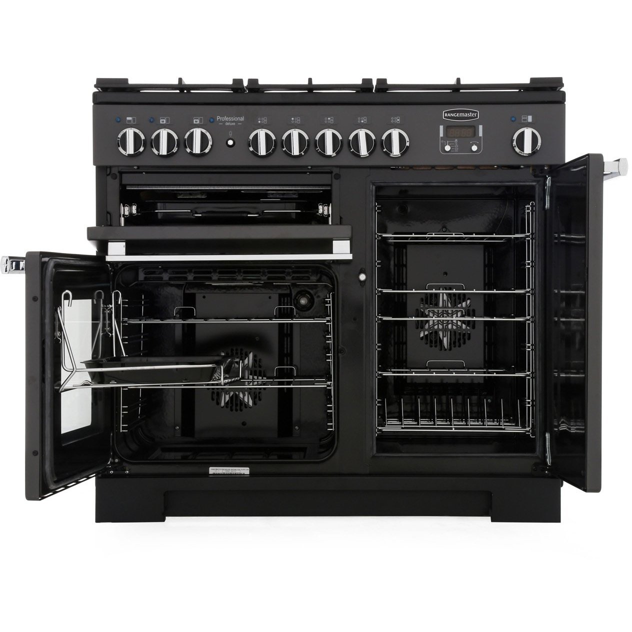 Rangemaster PDL100DFFCB/C 100cm Dual Fuel Range Cooker Professional Deluxe Charcoal Black / Chrome, A Rated