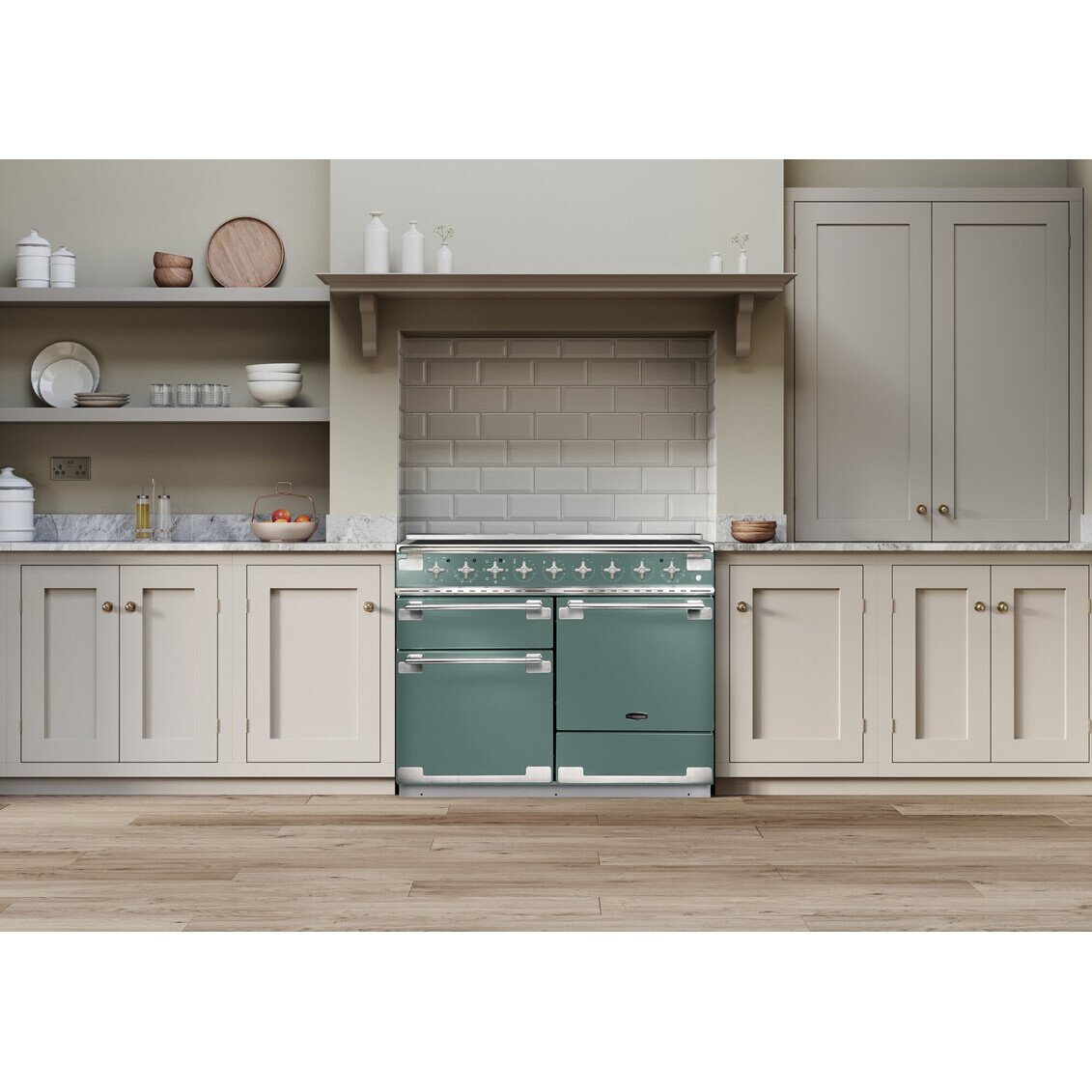 Rangemaster ELS110DFFMG 110cm Dual Fuel Range Cooker Elise Mineral Green / Brushed Nickel, A Rated