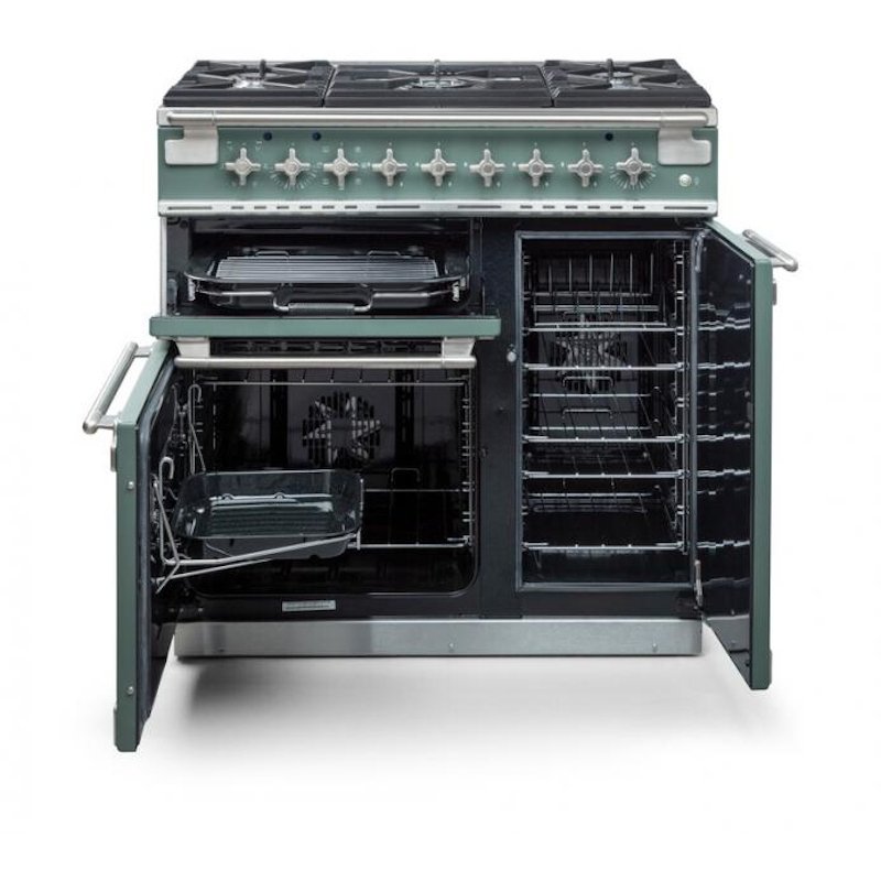 Rangemaster ELS90DFFSB 90cm Dual Fuel Range Cooker Elise Stone Blue / Brushed Nickel, A Rated