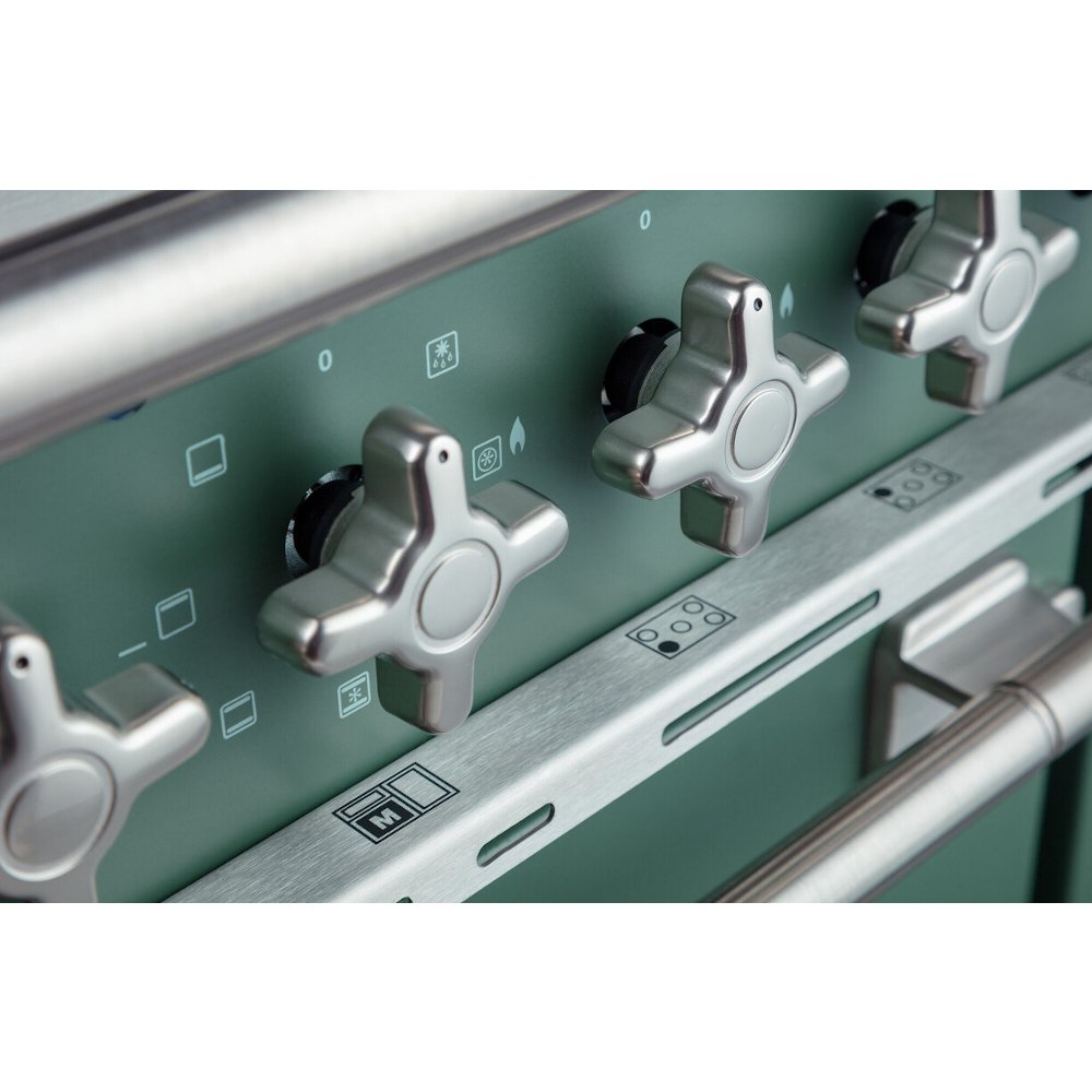 Rangemaster ELS90DFFMG 90cm Dual Fuel Range Cooker Elise Mineral Green / Brushed Nickel, A Rated