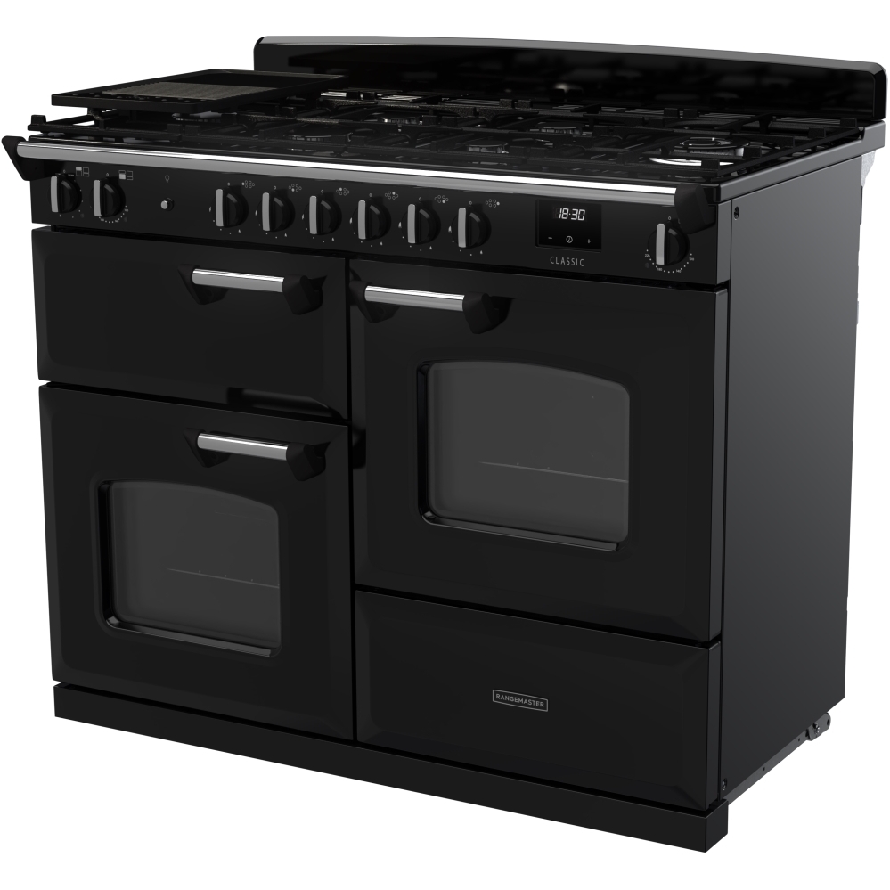 Rangemaster CLO110DFPGBL/CM1 110cm Dual Fuel Range Cooker Classic Gloss Black / Chrome, A Rated