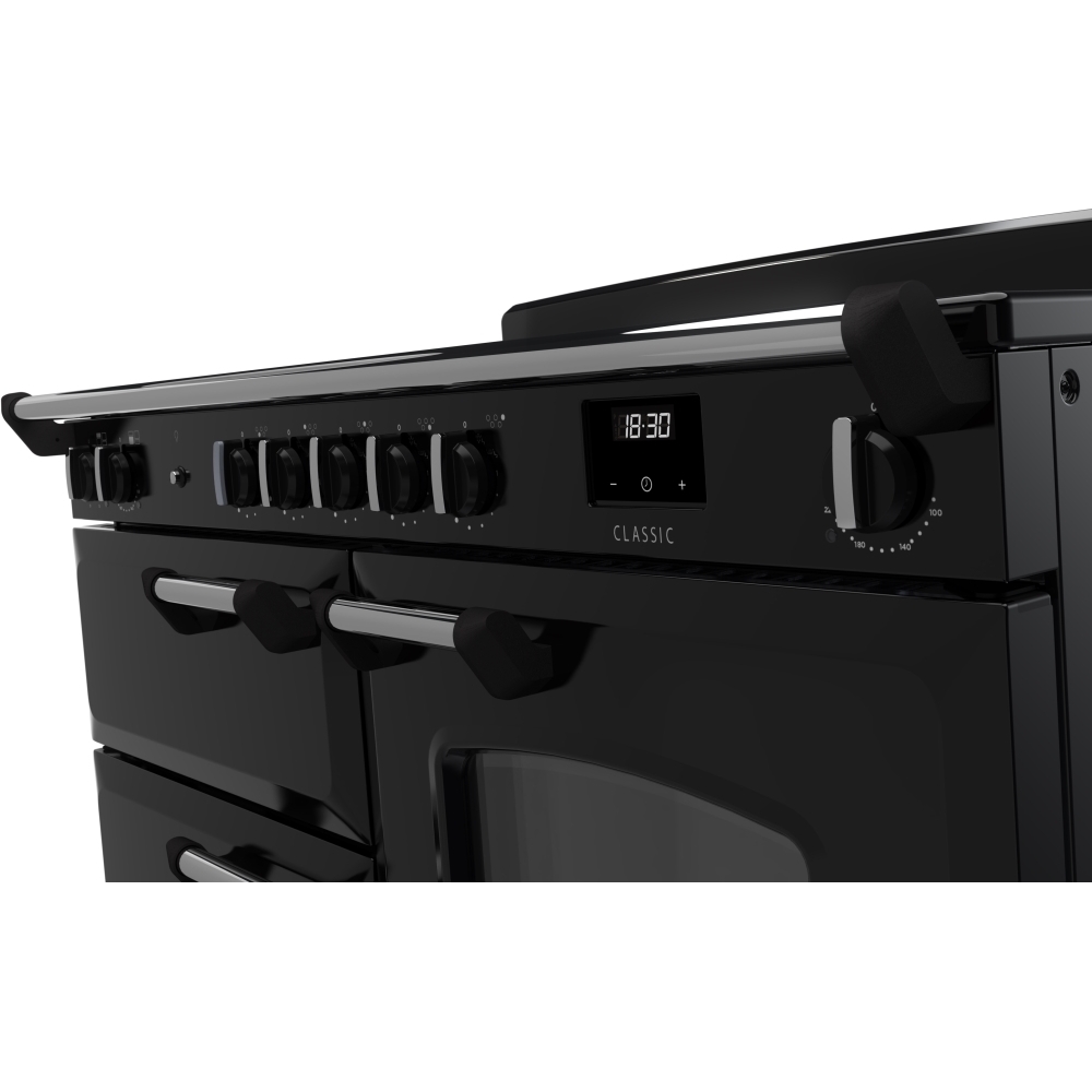 Rangemaster CLO110EIPGBL/CM1 110cm Induction Range Cooker Classic Gloss Black / Chrome, A Rated