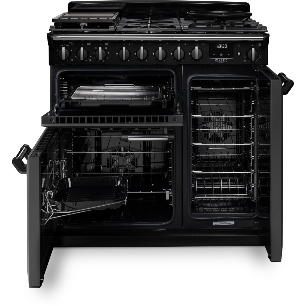 Rangemaster CLDL90DFPGBL/CM1 90cm Dual Fuel Range Cooker Classic Deluxe Gloss Black / Chrome, A Rated