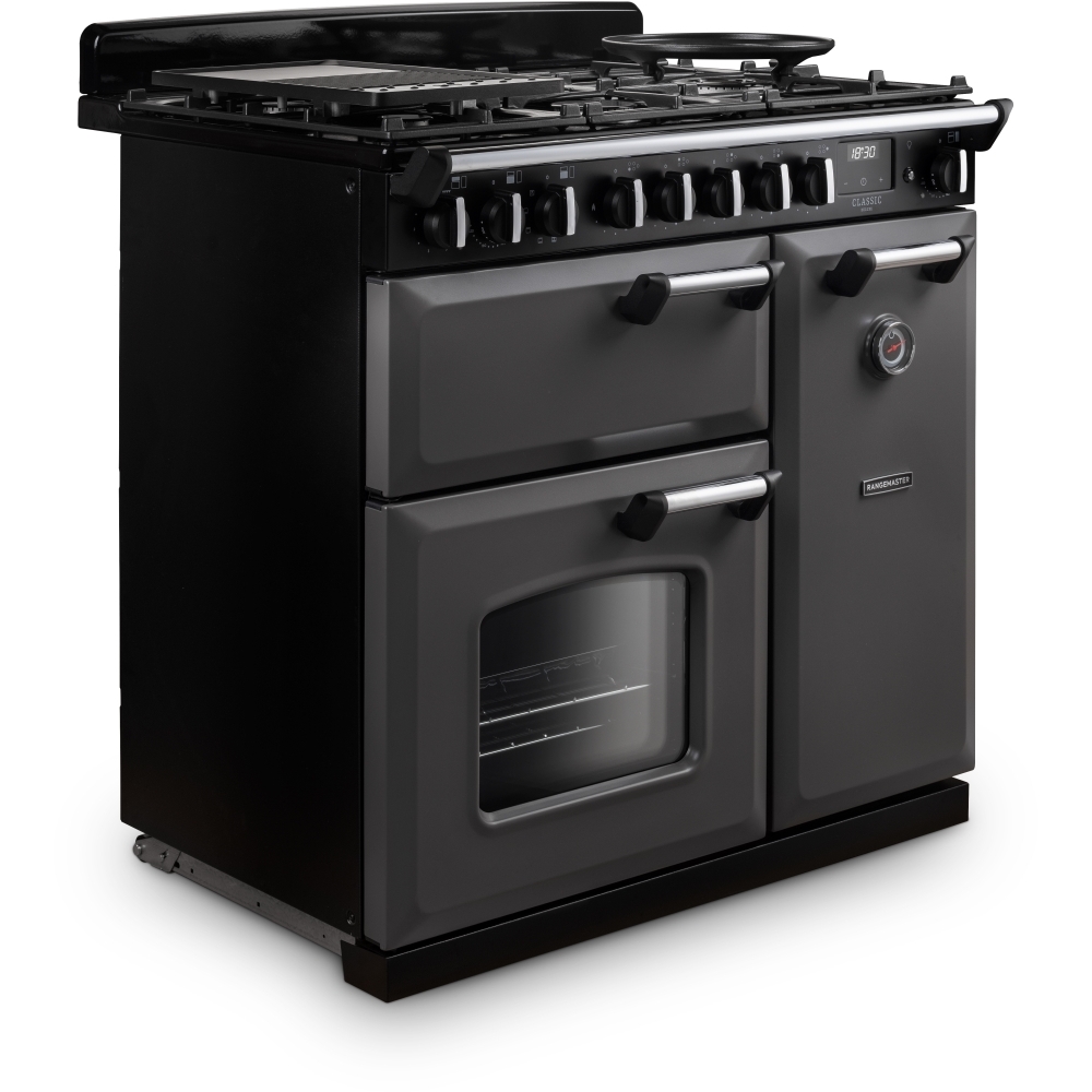 Rangemaster CLDL90DFPSLT/CM1 90cm Dual Fuel Range Cooker Classic Deluxe Slate / Chrome, A Rated