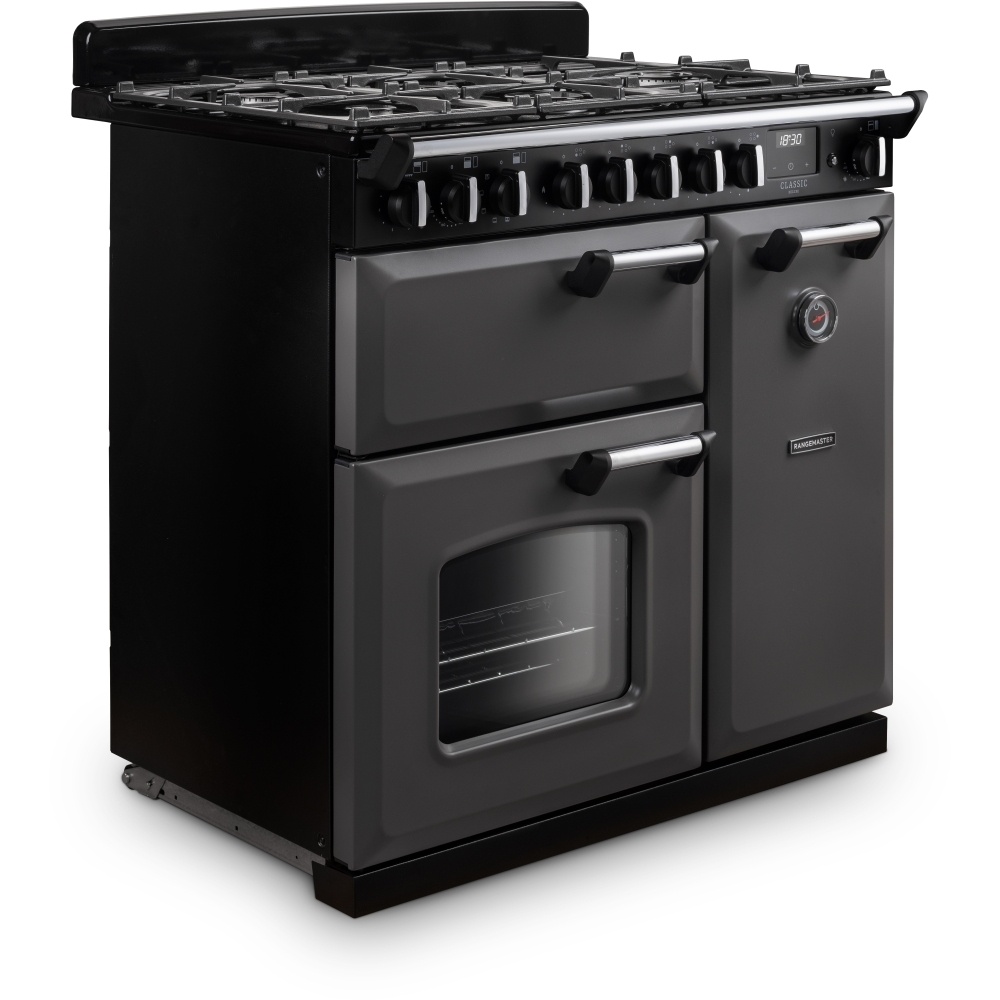 Rangemaster CLDL90DFPSLT/CM1 90cm Dual Fuel Range Cooker Classic Deluxe Slate / Chrome, A Rated