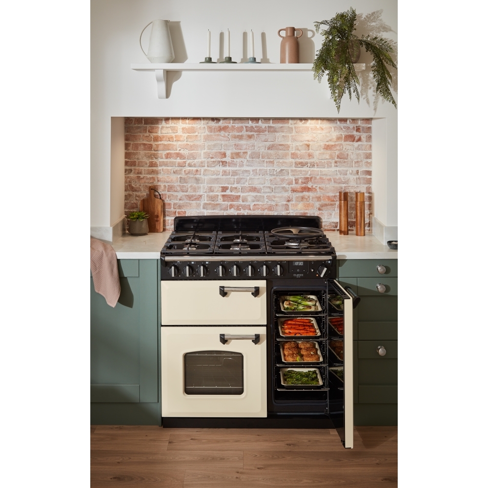 Rangemaster CLDL90DFPPCR/CM1 90cm Dual Fuel Range Cooker Classic Deluxe Pale Cream / Chrome, A Rated